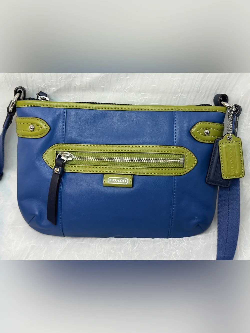 COACH Daisy Spectator Blue Leather Shoulder Bag with Olive Green Trim